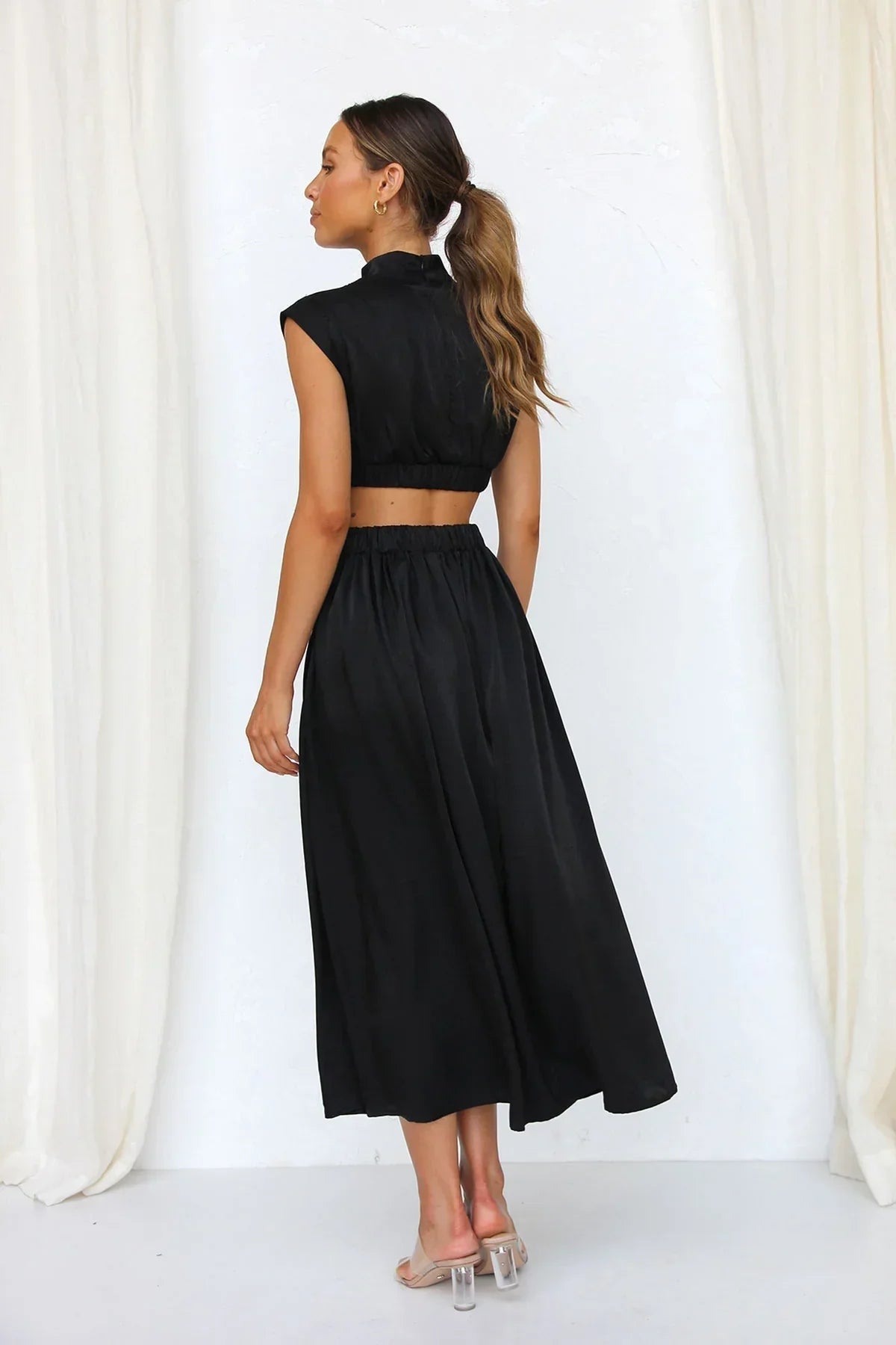 Valentina High-Neck Midi Dress with Waist Cutouts