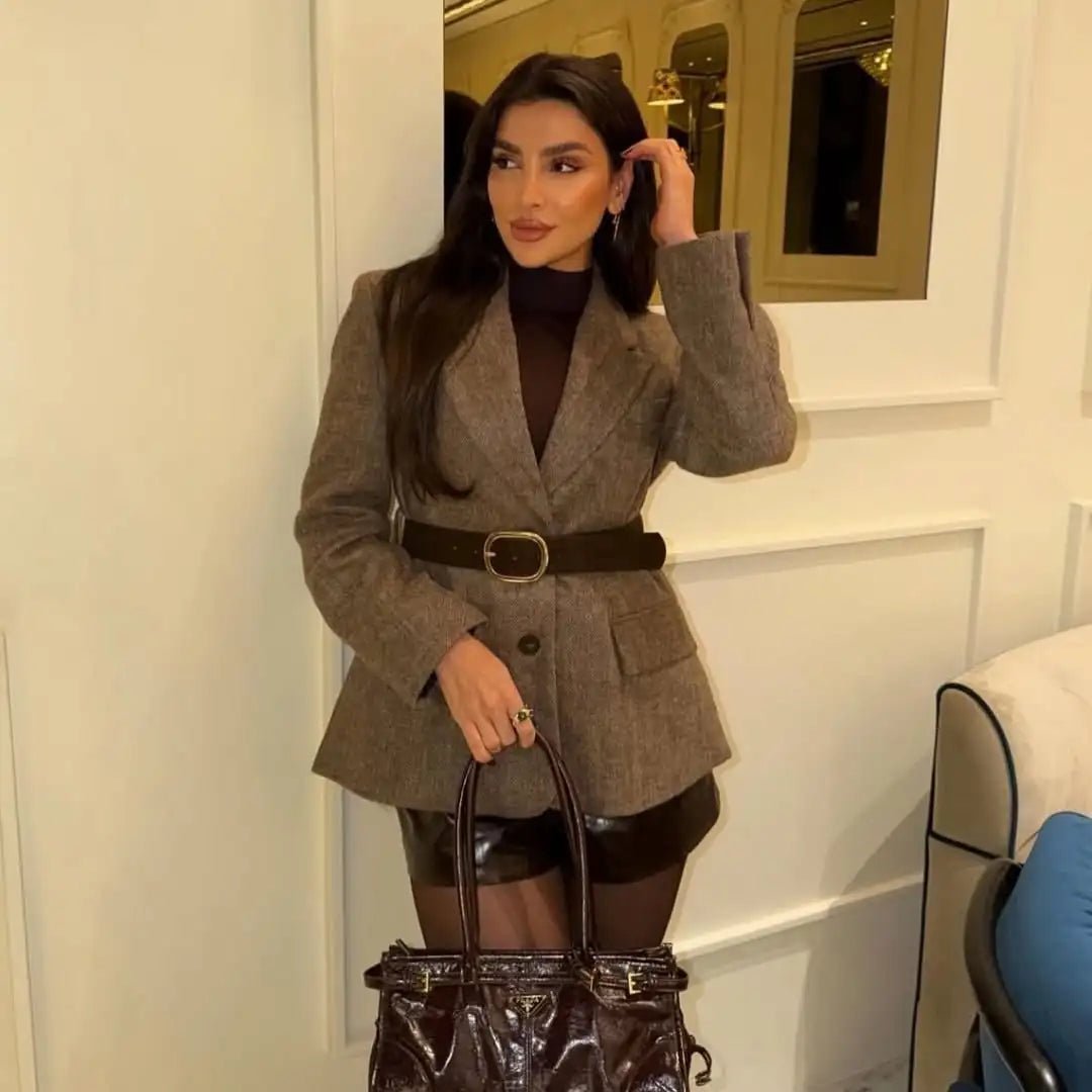 Yalina Herringbone Blazer with Belt