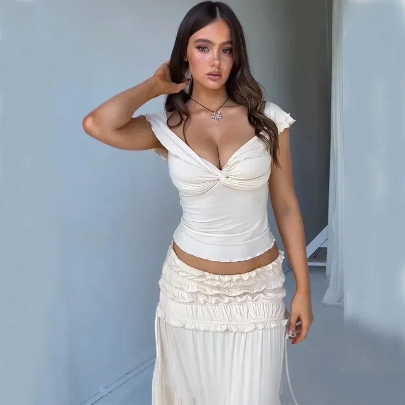 Zendaya set met gerimpelde crop top en maxi-rok