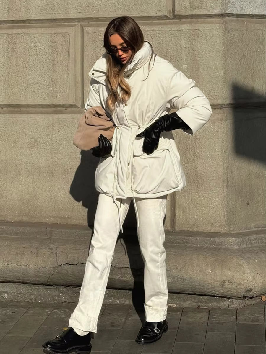 Oda Stand-Collar Padded Coat in ivory – styled look