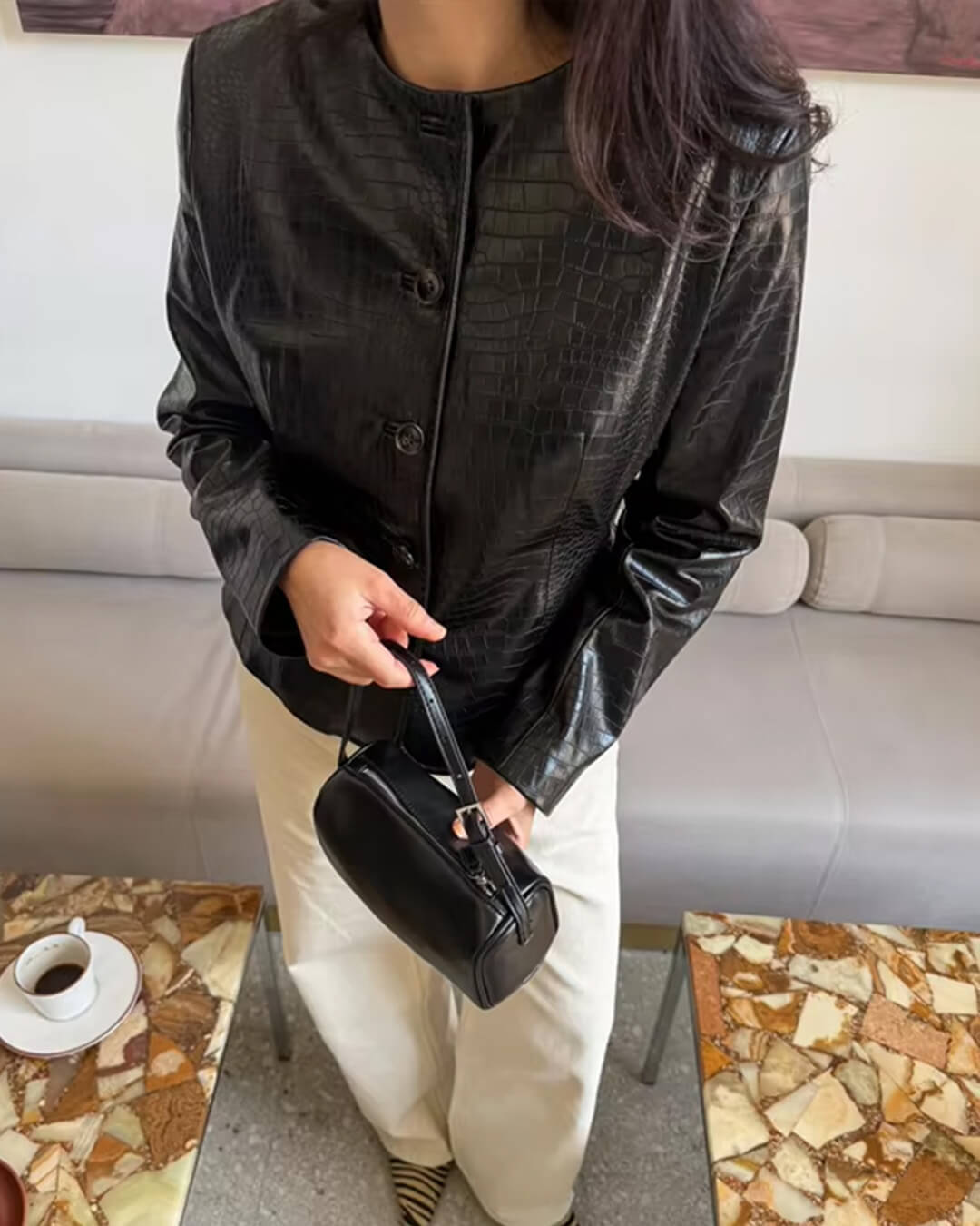 Ragna Croc-Effect Faux Leather Jacket in black – styled look