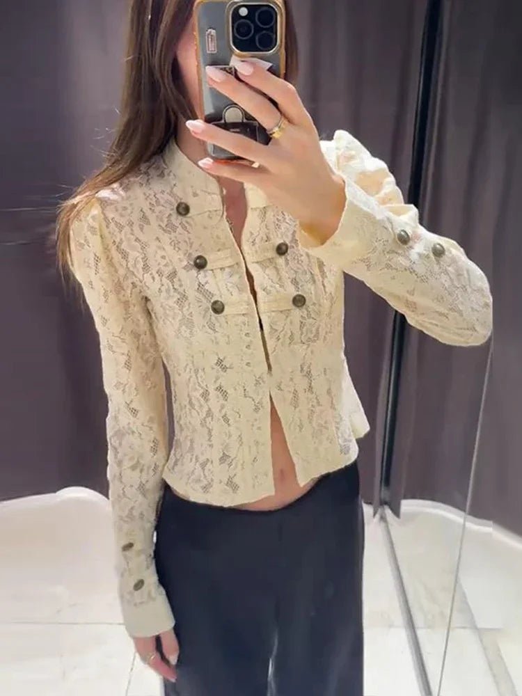 Selma Sheer Lace Patchwork Jacket in cream – styled look