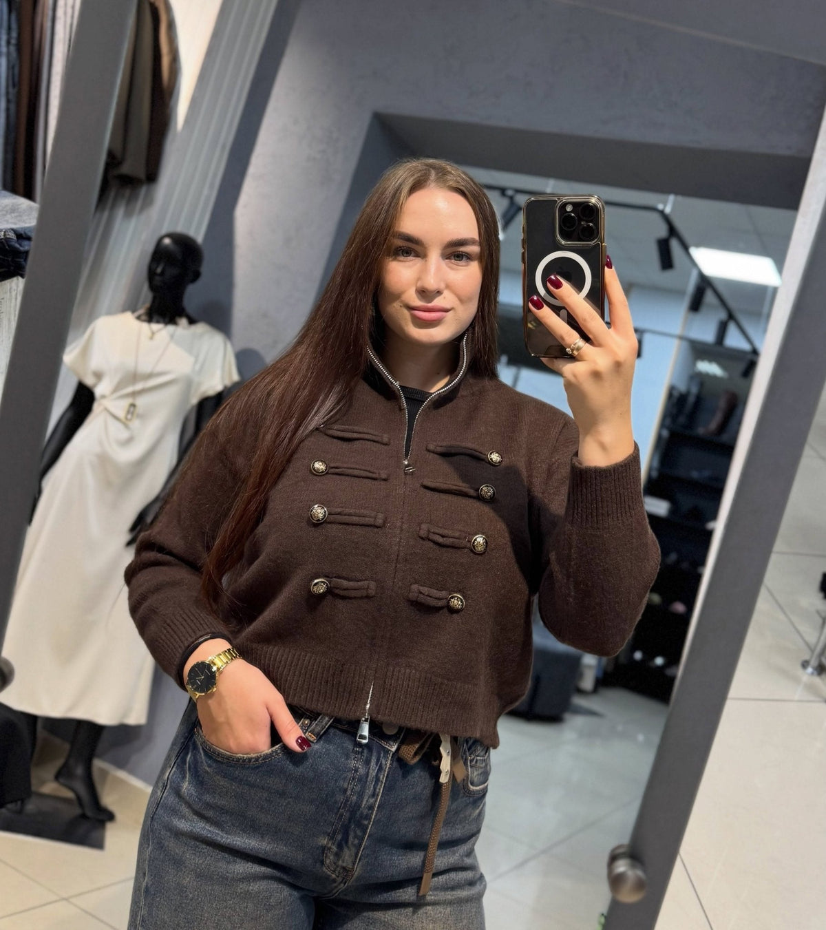 Sofie Turtleneck Zip Knit Cardigan in brown – styled look