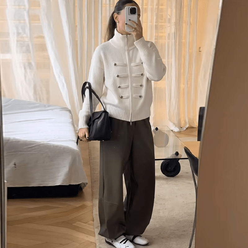 Sofie Turtleneck Zip Knit Cardigan in white – styled look
