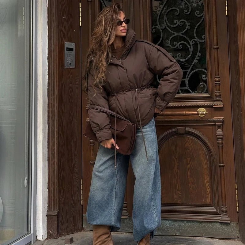 Sunniva Drawstring-Waist Puffer Parka in brown – styled look