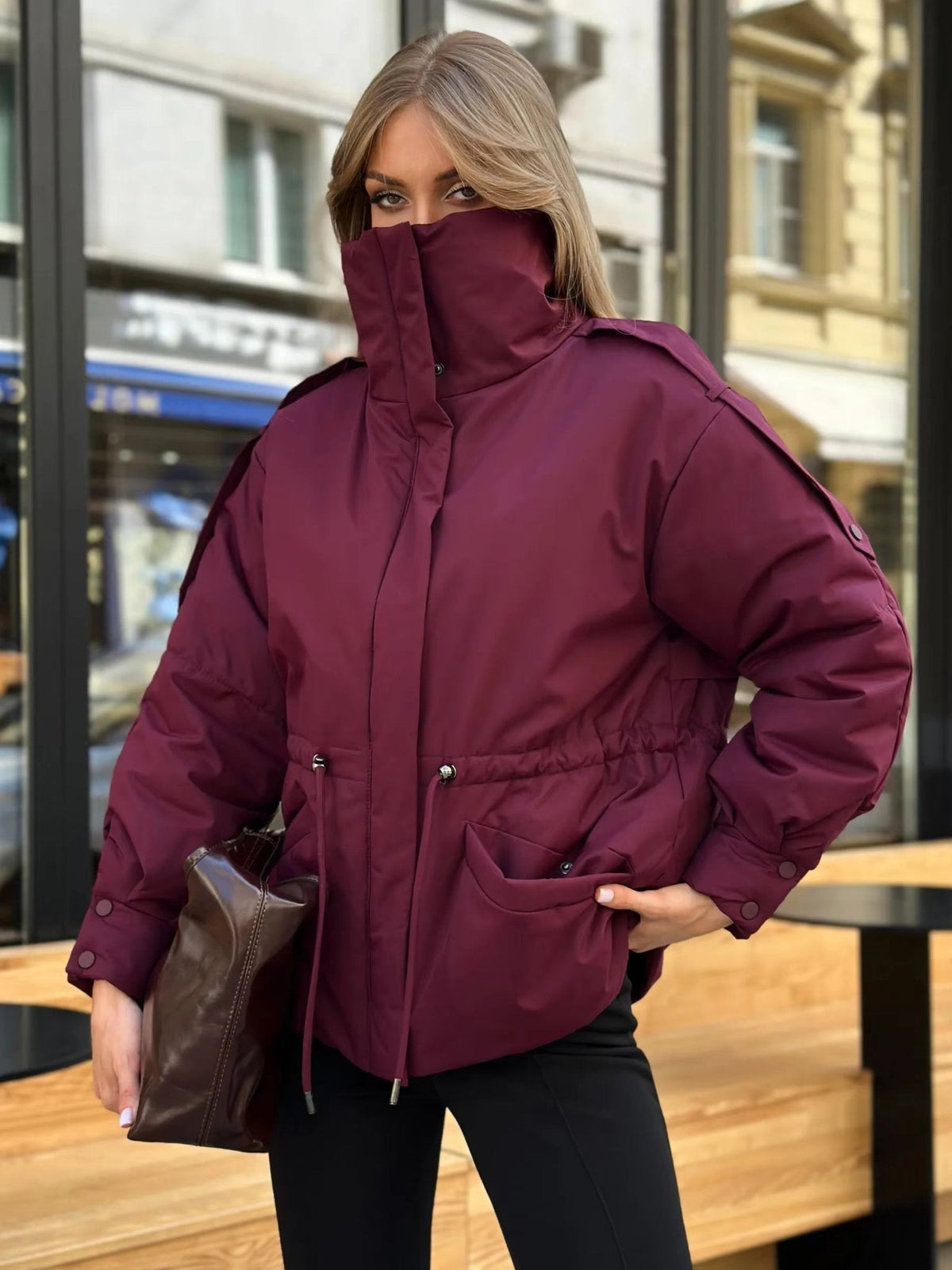 Sunniva Drawstring-Waist Puffer Parka in burgundy – styled look