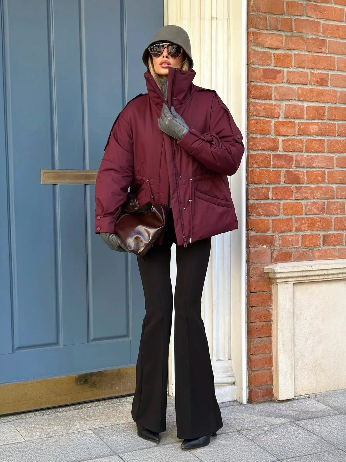 Sunniva Drawstring-Waist Puffer Parka in burgundy – styled look