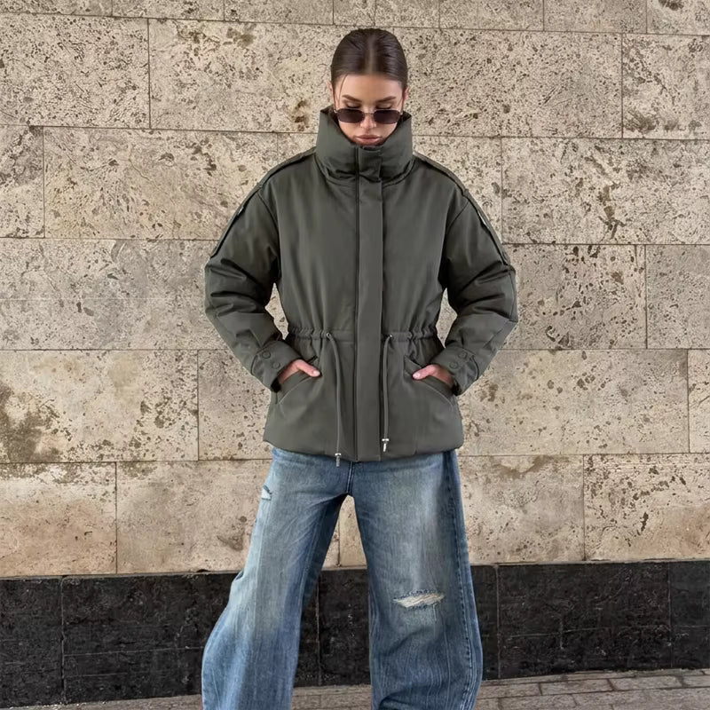 Sunniva Drawstring-Waist Puffer Parka in olive green – styled look