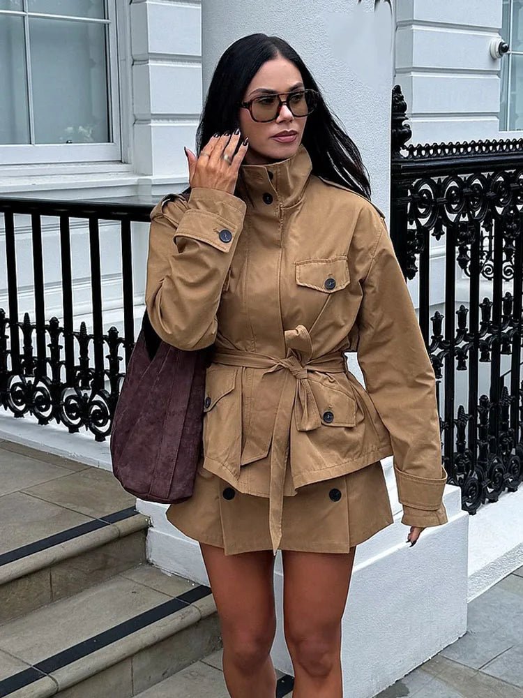 Tilde Belted Jacket & Skort Co-ord in camel – styled look