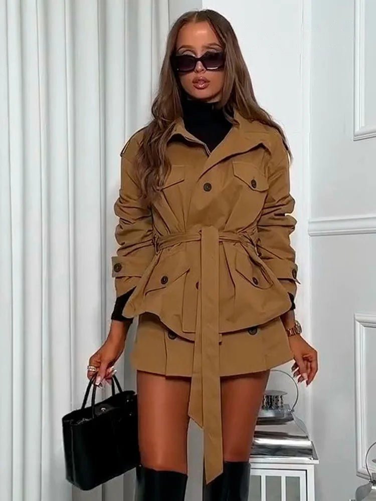 Tilde Belted Jacket & Skort Co-ord in camel – styled look